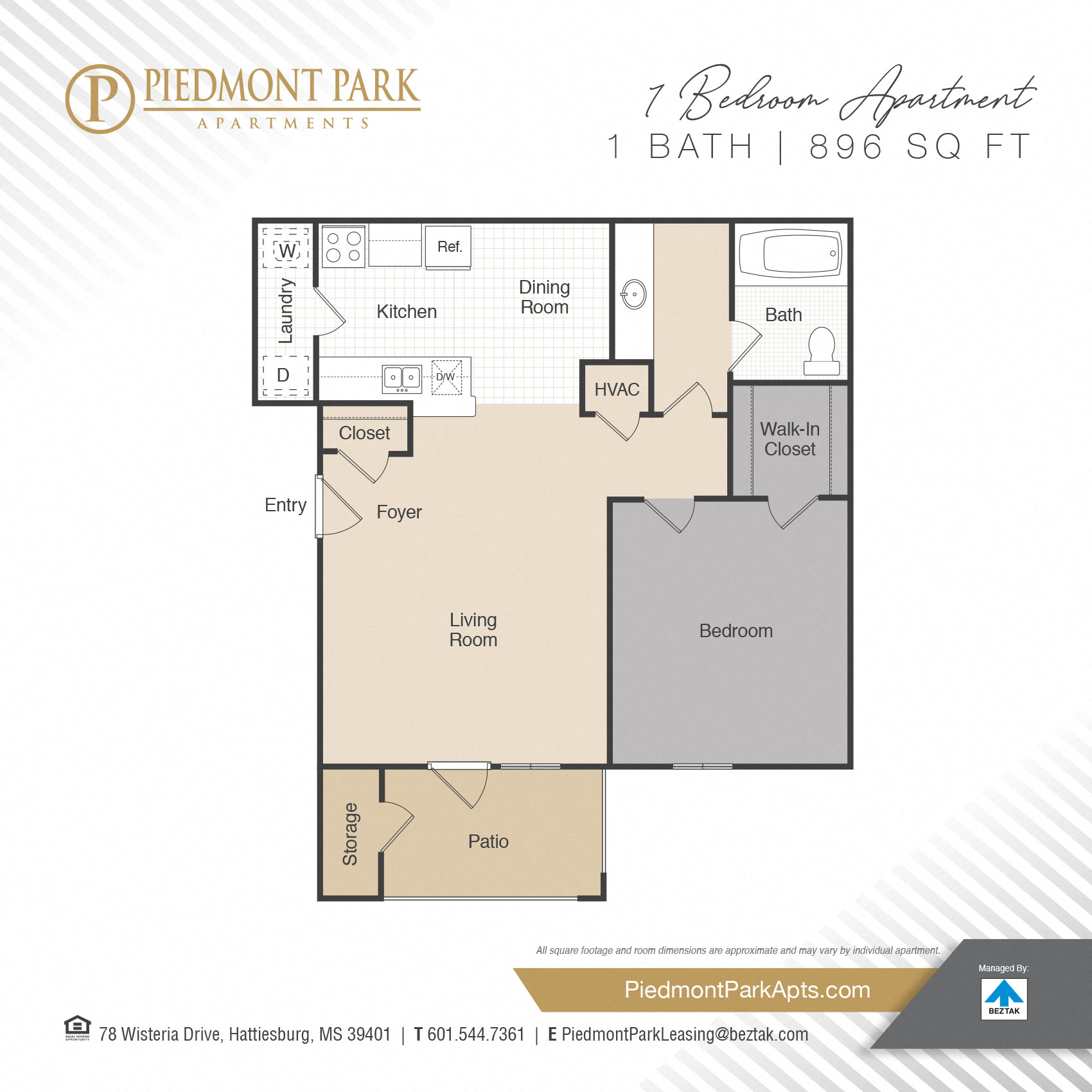 Floor plan for 1 bed, 1 bath, 896 sqft